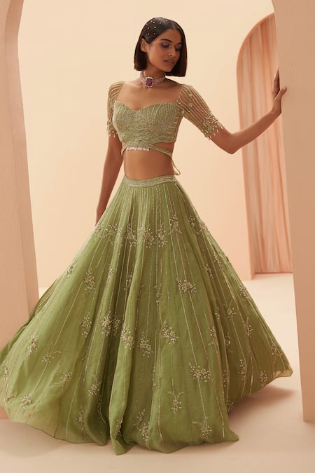 Shop_Parul Gandhi_Green Organza Floral, Geometric, Pearl, Glass Bead Embellished Lehenga Set _at_Aza_Fashions