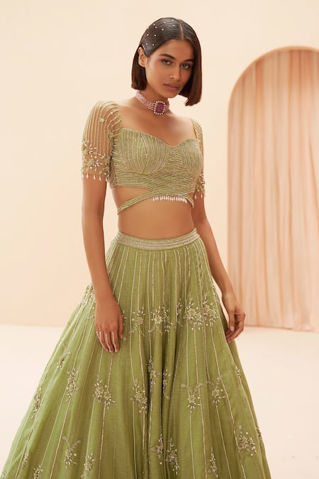 Parul Gandhi_Green Organza Floral, Geometric, Pearl, Glass Bead Embellished Lehenga Set _Online_at_Aza_Fashions