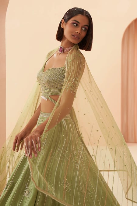 Buy_Parul Gandhi_Green Organza Floral, Geometric, Pearl, Glass Bead Embellished Lehenga Set _Online_at_Aza_Fashions