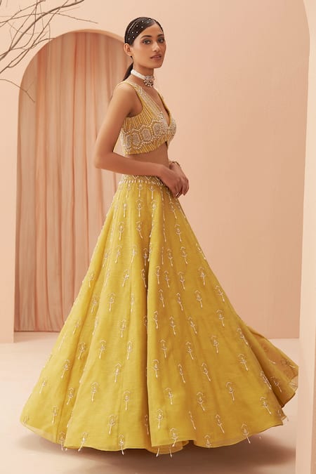 Shop Parul Gandhi Yellow Organza Floral, Pearl, Glass Bead V Neck Embellished Lehenga Set at Aza Fashions Shop_Parul Gandhi_Yellow Organza Floral, Pearl, Glass Bead V Neck Embellished Lehenga Set _at_Aza_Fashions