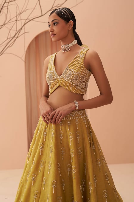 Buy Parul Gandhi Yellow Organza Floral, Pearl, Glass Bead V Neck Embellished Lehenga Set Online at Aza Fashions Buy_Parul Gandhi_Yellow Organza Floral, Pearl, Glass Bead V Neck Embellished Lehenga Set _Online_at_Aza_Fashions