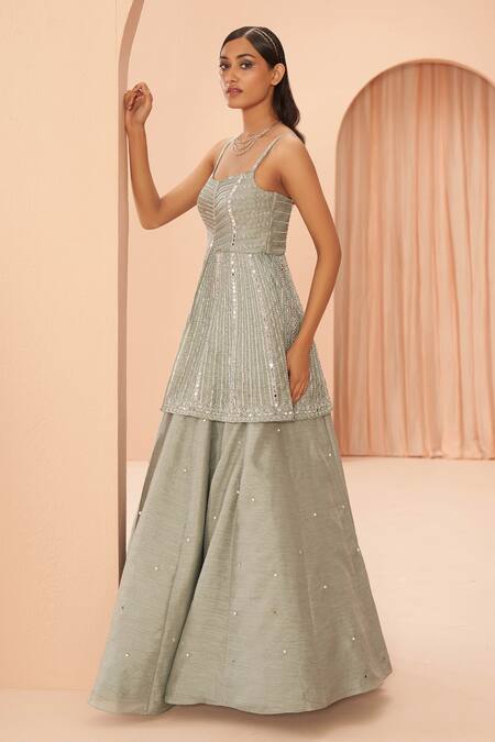 Parul Gandhi Green Shimmer Organza Mirror, Bead Square Embroidered Peplum Kurta Lehenga Set Online at Aza Fashions Parul Gandhi_Green Shimmer Organza Mirror, Bead Square Embroidered Peplum Kurta Lehenga Set _Online_at_Aza_Fashions