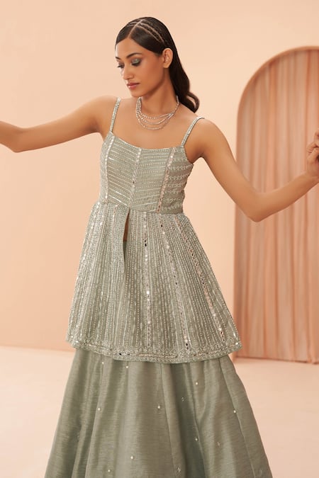 Shop Parul Gandhi Green Shimmer Organza Mirror, Bead Square Embroidered Peplum Kurta Lehenga Set Online at Aza Fashions Shop_Parul Gandhi_Green Shimmer Organza Mirror, Bead Square Embroidered Peplum Kurta Lehenga Set _Online_at_Aza_Fashions