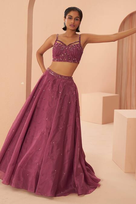 Parul Gandhi_Purple Shimmer Organza Floral, Sequin V Neck Embroidered Lehenga Set _Online_at_Aza_Fashions