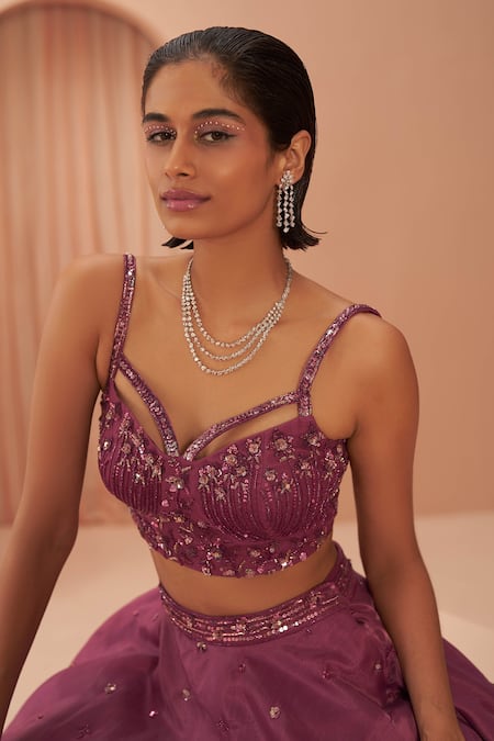 Buy_Parul Gandhi_Purple Shimmer Organza Floral, Sequin V Neck Embroidered Lehenga Set _Online_at_Aza_Fashions