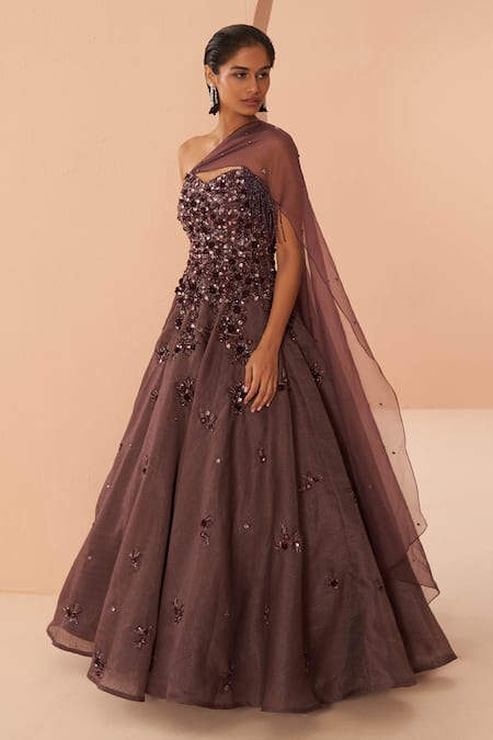 PARUL GANDHI Wine Organza Embellished Stone Sweetheart Neck Shoulder Gown 