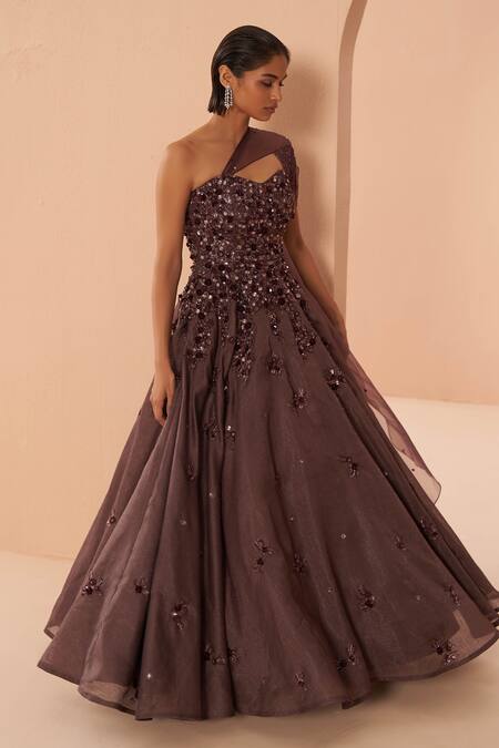 Buy_Parul Gandhi_Wine Organza Stone, Glass Bead Sweetheart Neck One Shoulder Embellished Gown _Online_at_Aza_Fashions