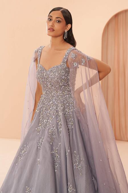 Parul Gandhi_Purple Organza Floral, Sequin Sweetheart Neck Embroidered Gown _Online_at_Aza_Fashions