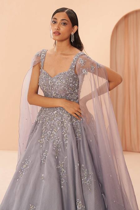 Buy_Parul Gandhi_Purple Organza Floral, Sequin Sweetheart Neck Embroidered Gown _Online_at_Aza_Fashions