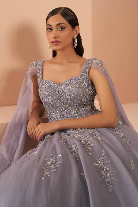 Shop_Parul Gandhi_Purple Organza Floral, Sequin Sweetheart Neck Embroidered Gown _Online_at_Aza_Fashions