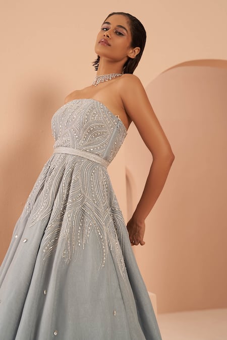 Buy Parul Gandhi Blue Organza Stone, Glass Bead Straight Frozen Embroidered Tube Gown Online at Aza Fashions Buy_Parul Gandhi_Blue Organza Stone, Glass Bead Straight Frozen Embroidered Tube Gown _Online_at_Aza_Fashions