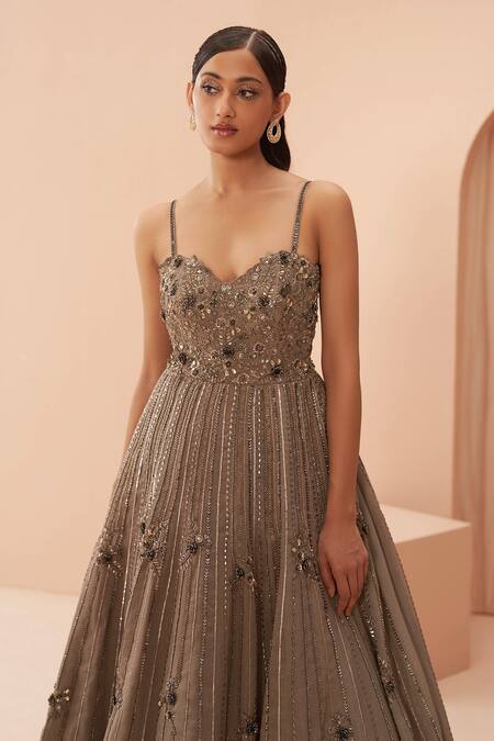 Parul Gandhi_Brown Metallic Organza Crystal, Dabka, Japanese Moonbeam Embellished Gown _Online_at_Aza_Fashions
