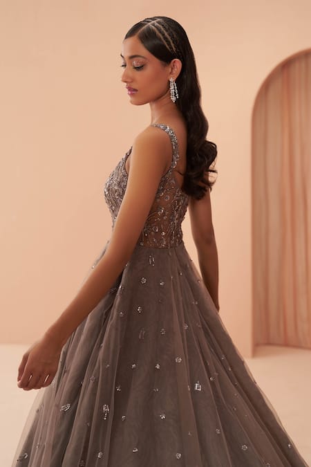 Shop_PARUL GANDHI_Gray Mesh Embroidery Floral Sequin Grey Gown For Kids_at_Aza_Fashions
