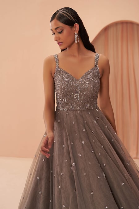 PARUL GANDHI_Gray Mesh Embroidery Floral Sequin Grey Gown For Kids_Online_at_Aza_Fashions