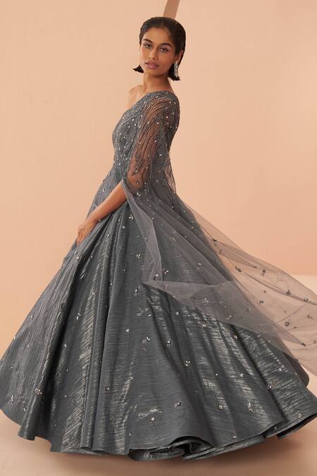Parul Gandhi_Blue Crushed Jacquard Sequin, Stone Asymmetric Mirage Shoulder Gown _Online_at_Aza_Fashions