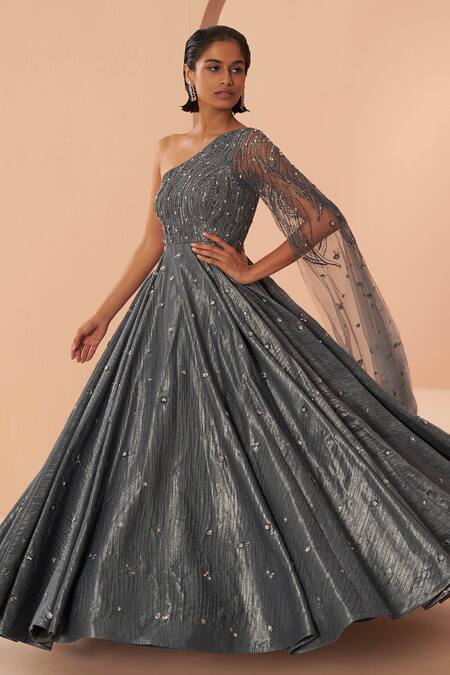 Buy_Parul Gandhi_Blue Crushed Jacquard Sequin, Stone Asymmetric Mirage Shoulder Gown _Online_at_Aza_Fashions