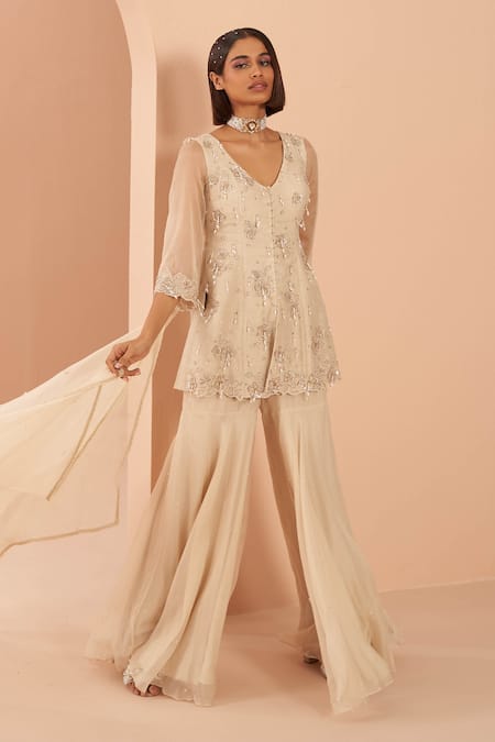 Parul Gandhi_Ivory Organza, Jacquard Floral, Pearl V Chandelier Embroidered Kurta Sharara Set _Online_at_Aza_Fashions