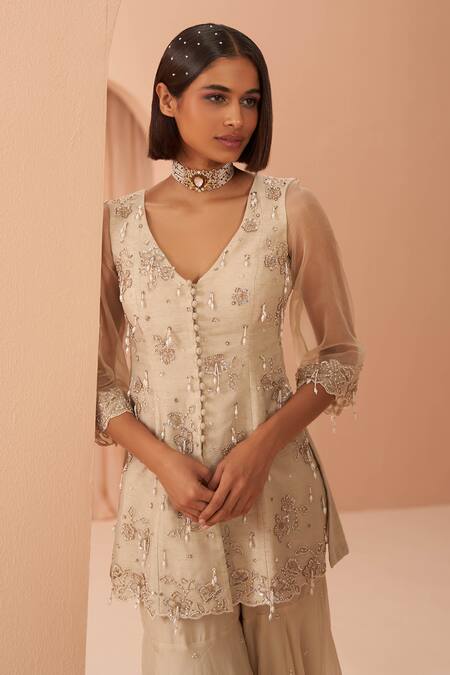 Shop_Parul Gandhi_Ivory Organza, Jacquard Floral, Pearl V Chandelier Embroidered Kurta Sharara Set _Online_at_Aza_Fashions