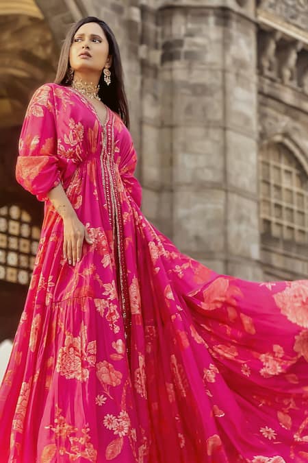 Buy_Paulmi And Harsh_Pink Cotton, Silk Sequins, Flourishing Floral Jaal Print Kaftan And Pant Set 
