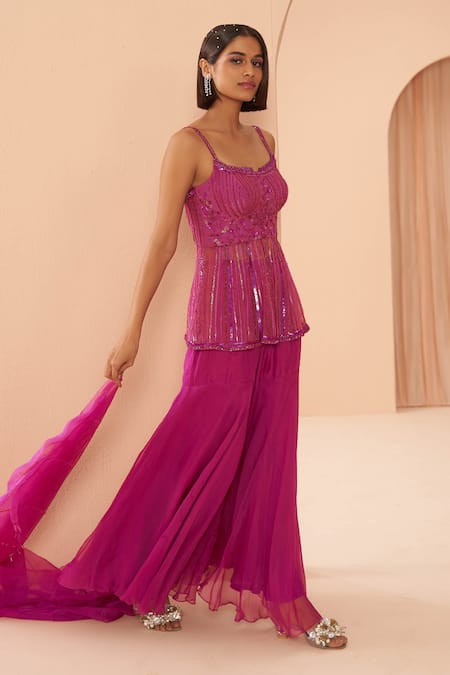 Parul Gandhi_Pink Organza, Mesh Floral, Sequin Square Neck Embroidered Peplum Top Sharara Set _Online_at_Aza_Fashions