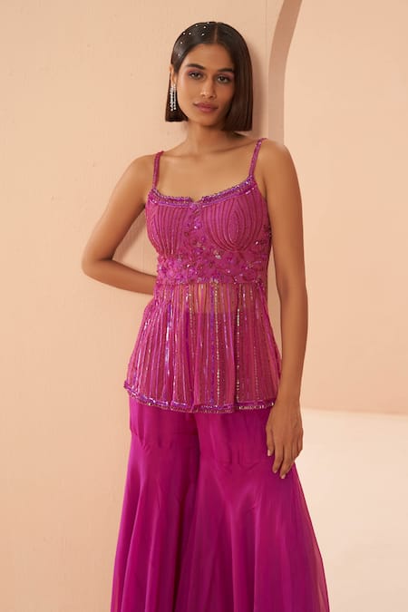 Buy_Parul Gandhi_Pink Organza, Mesh Floral, Sequin Square Neck Embroidered Peplum Top Sharara Set _Online_at_Aza_Fashions