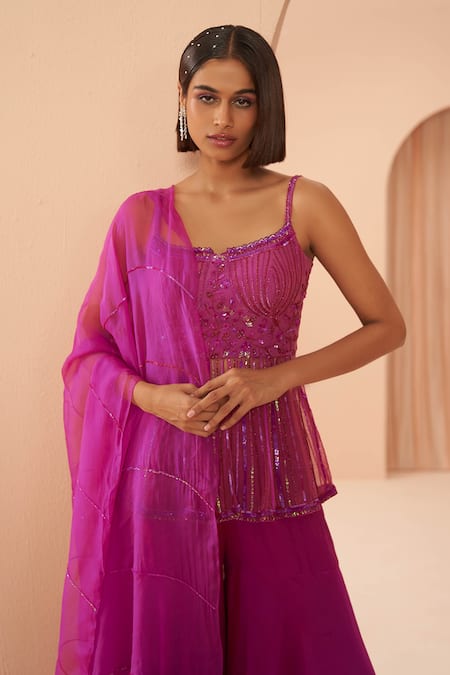 Shop_Parul Gandhi_Pink Organza, Mesh Floral, Sequin Square Neck Embroidered Peplum Top Sharara Set _Online_at_Aza_Fashions