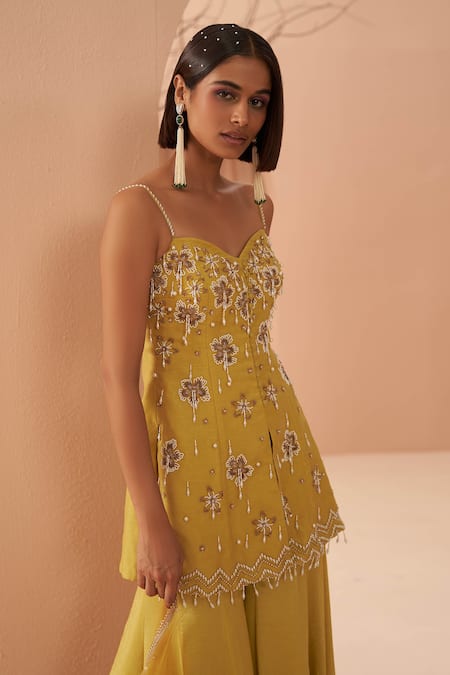 Buy_Parul Gandhi_Yellow Jacquard, Habutai Silk Floral, Pearl Embellished Kurta Sharara Set _Online_at_Aza_Fashions