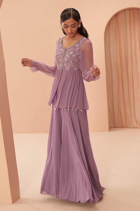 Parul Gandhi_Purple Georgette Floral Round Embroidered Peplum Kurta And Sharara Set _Online_at_Aza_Fashions