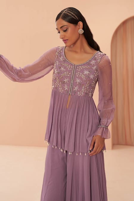 Buy_Parul Gandhi_Purple Georgette Floral Round Embroidered Peplum Kurta And Sharara Set _Online_at_Aza_Fashions