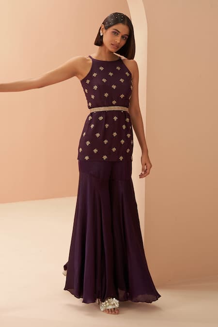 Parul Gandhi_Wine Habutai Silk Floral Round Embroidered Kurta Sharara Set _Online_at_Aza_Fashions