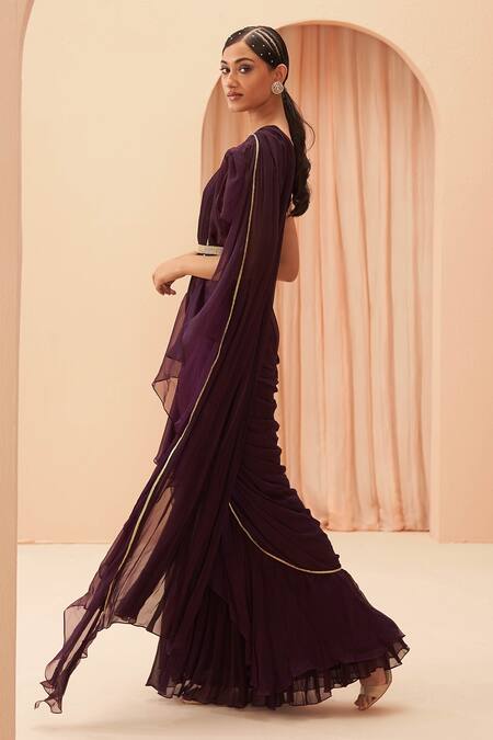 Parul Gandhi Wine Organza, Georgette Cutdana, Floral Ruffle Pre-draped Saree With Blouse Online at Aza Fashions Parul Gandhi_Wine Organza, Georgette Cutdana, Floral Ruffle Pre-draped Saree With Blouse _Online_at_Aza_Fashions