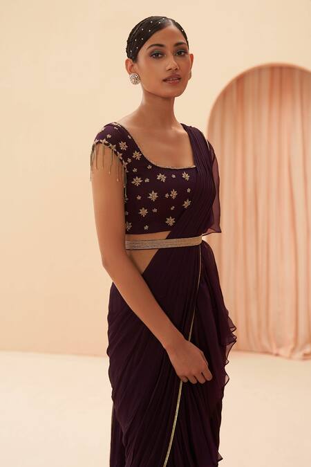 Buy Parul Gandhi Wine Organza, Georgette Cutdana, Floral Ruffle Pre-draped Saree With Blouse Online at Aza Fashions Buy_Parul Gandhi_Wine Organza, Georgette Cutdana, Floral Ruffle Pre-draped Saree With Blouse _Online_at_Aza_Fashions