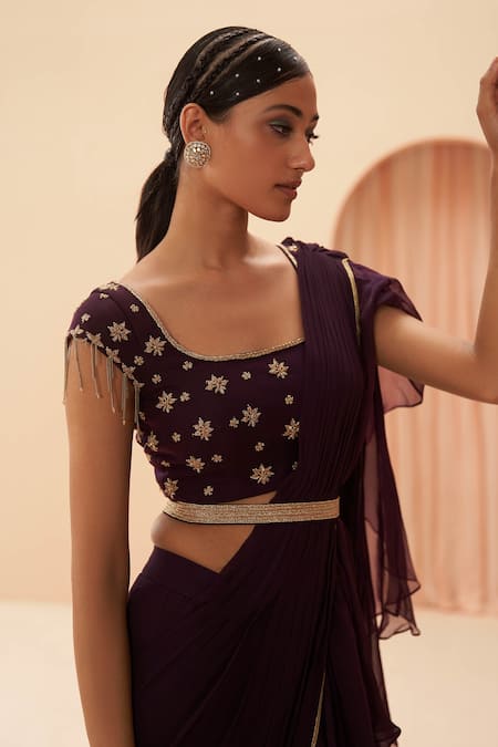 Shop Parul Gandhi Wine Organza, Georgette Cutdana, Floral Ruffle Pre-draped Saree With Blouse Online at Aza Fashions Shop_Parul Gandhi_Wine Organza, Georgette Cutdana, Floral Ruffle Pre-draped Saree With Blouse _Online_at_Aza_Fashions