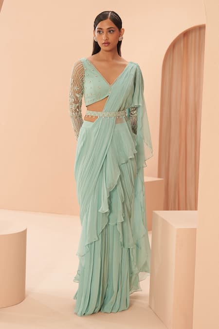 Parul Gandhi Ruffle Pre-Draped Saree With Blouse 
