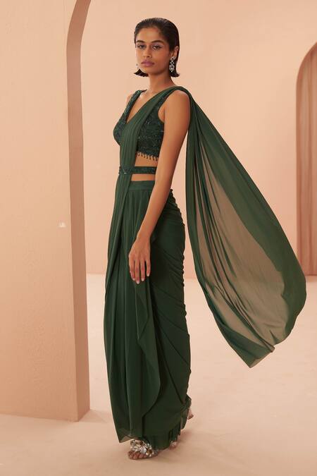 Parul Gandhi_Green Lycra Leaf, Sequin V Neck Pre-draped Saree With Embroidered Blouse _Online_at_Aza_Fashions