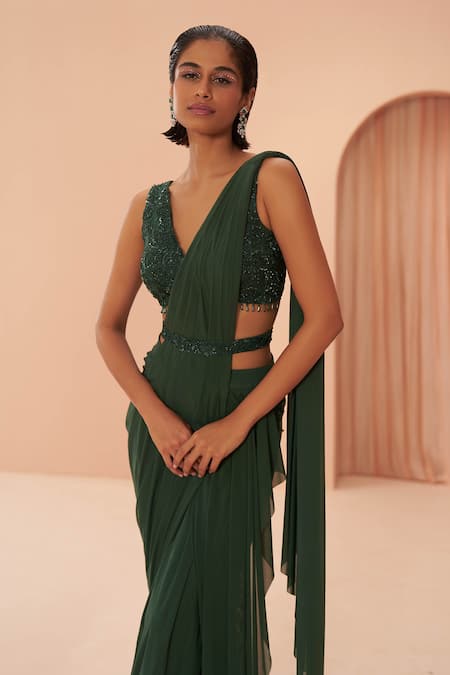 Buy_Parul Gandhi_Green Lycra Leaf, Sequin V Neck Pre-draped Saree With Embroidered Blouse _Online_at_Aza_Fashions