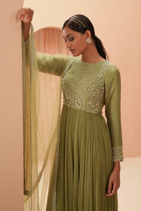 Buy_Parul Gandhi_Green Silk, Chiffon Floral, Bead Round Embellished Anarkali With Dupatta _Online_at_Aza_Fashions