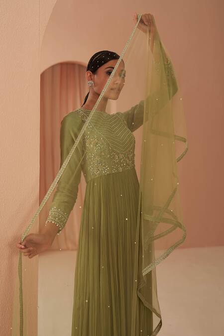 Shop_Parul Gandhi_Green Silk, Chiffon Floral, Bead Round Embellished Anarkali With Dupatta _Online_at_Aza_Fashions