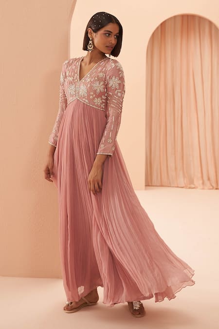 Parul Gandhi_Pink Silk, Chiffon Floral, Pearl V Neck Pleated Anarkali With Dupatta _Online_at_Aza_Fashions
