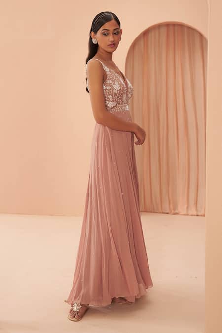 Shop Parul Gandhi Pink Georgette Floral, Geometric Leaf Neck Embellished Jumpsuit at Aza Fashions Shop_Parul Gandhi_Pink Georgette Floral, Geometric Leaf Neck Embellished Jumpsuit _at_Aza_Fashions