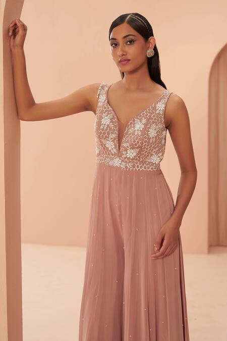 Parul Gandhi Pink Georgette Floral, Geometric Leaf Neck Embellished Jumpsuit Online at Aza Fashions Parul Gandhi_Pink Georgette Floral, Geometric Leaf Neck Embellished Jumpsuit _Online_at_Aza_Fashions