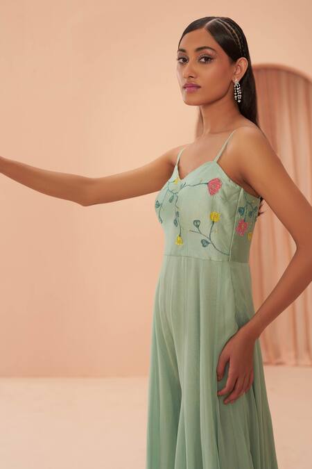 Buy_Parul Gandhi_Green Georgette Cutdana, Floral V Neck Ambrosia Hand Painted Jumpsuit _Online_at_Aza_Fashions