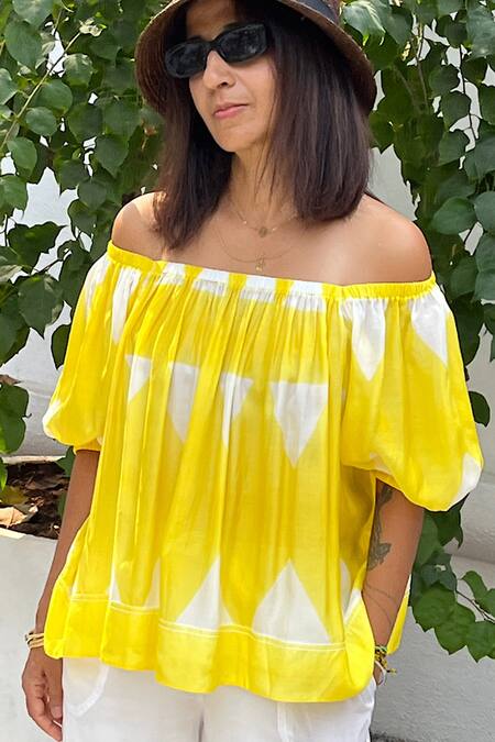 Shop_Rriso_Yellow Cotton Bamboo Geometric Straight Pattern Top_Online_at_Aza_Fashions