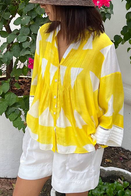 Shop_Rriso_Yellow Cotton Bamboo Geometric Mandarin Collar Tie Dye Top_Online_at_Aza_Fashions