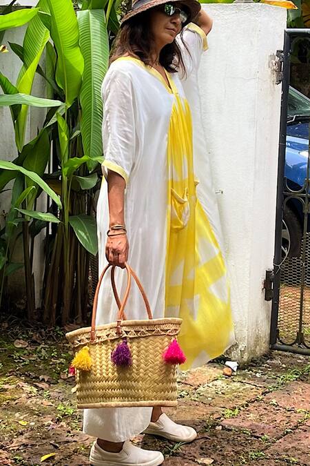 Rriso_Yellow Cotton Bamboo Printed Geometric V Neck Kaftan_Online_at_Aza_Fashions