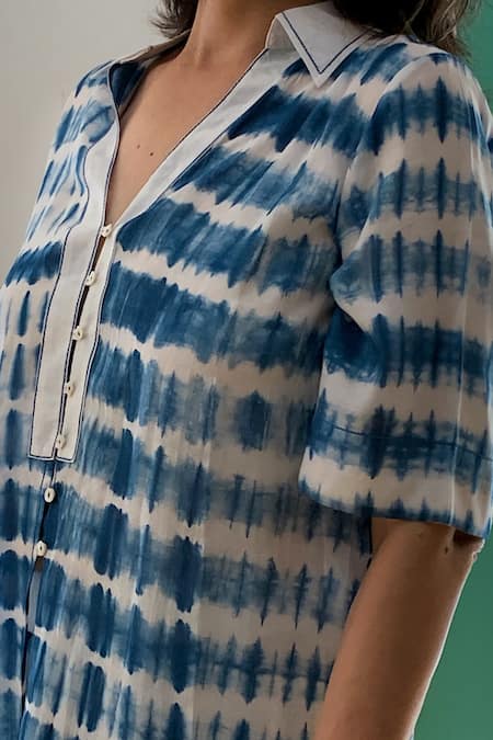 Rriso Blue Cotton Bamboo Tie Dye Mandarin Collar Tunic And Pant Set Online at Aza Fashions Rriso_Blue Cotton Bamboo Tie Dye Mandarin Collar Tunic And Pant Set_Online_at_Aza_Fashions
