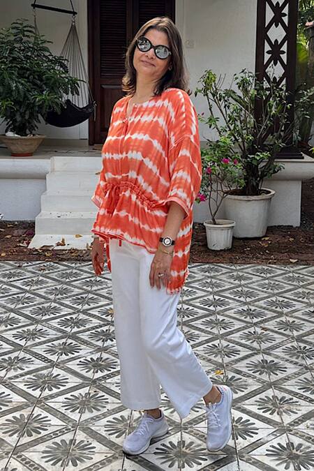 Rriso_Orange Cotton Bamboo Tie Dye Round Kaftan Tunic_Online_at_Aza_Fashions