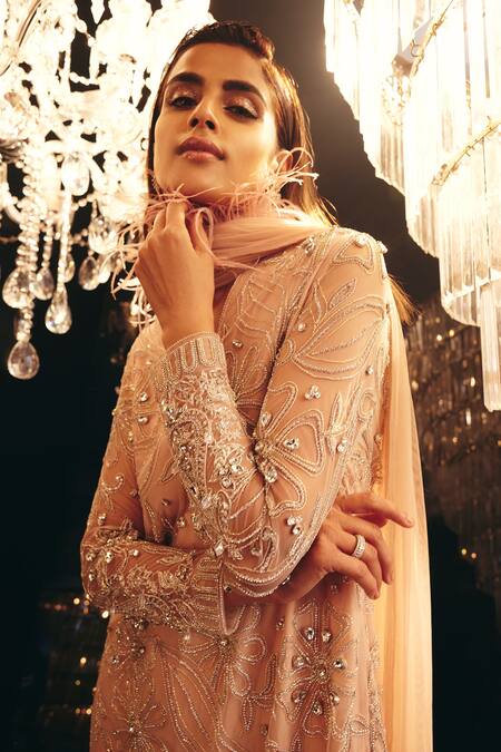 Ridhi Mehra_Beige Net Embroidery Sequin V Neck Ressie Kurta Pant Set  _Online_at_Aza_Fashions