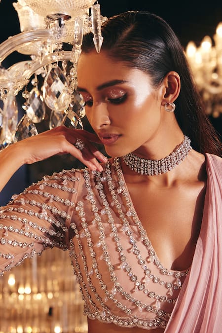 Ridhi Mehra_Pink Blouse Net And Saree Chiffon & Organza Stone & Helka Pre-draped With _Online_at_Aza_Fashions