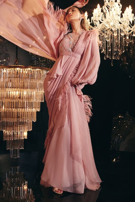 Ridhi Mehra_Pink Blouse Net And & Saree & Organza Casey Pre-draped With _Online_at_Aza_Fashions